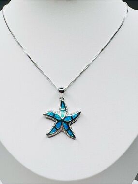 Sterling Silver Blue Opal Starfish Pendant Necklace